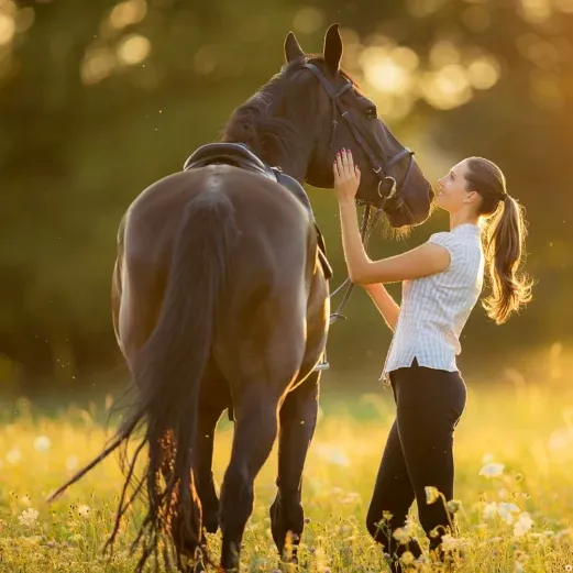Eine Frau streichelt sanft das Gesicht eines Pferdes auf einer sonnenbeschienenen, von Wildblumen umgebenen Wiese.
