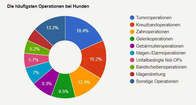 Kuchendiagramm mit den häufigsten Operationen bei Hunden, mit Tumoroperationen bei 18,4 % und anderen Kategorien in verschiedenen Farben und Prozentsätzen.