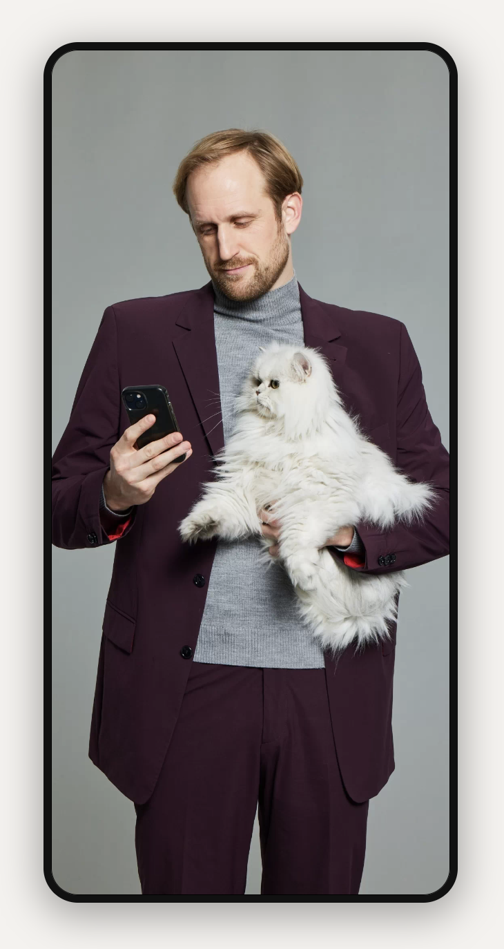 Mann im lila Anzug, der eine flauschige weiße Katze hält und auf sein Smartphone vor einem grauen Hintergrund schaut.