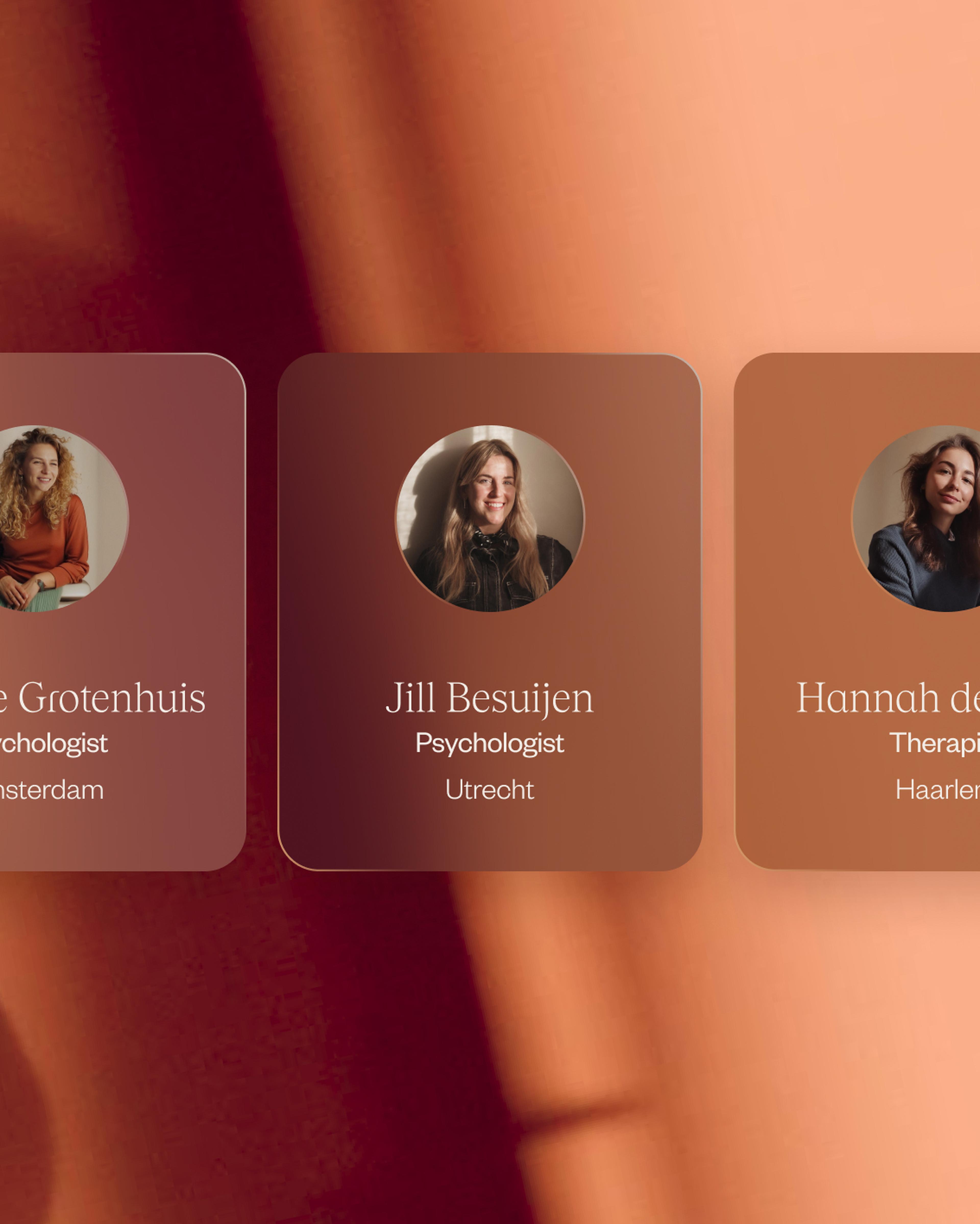 Three profiles of psychologists displayed with names, professional titles, and cities on a warm-toned background.