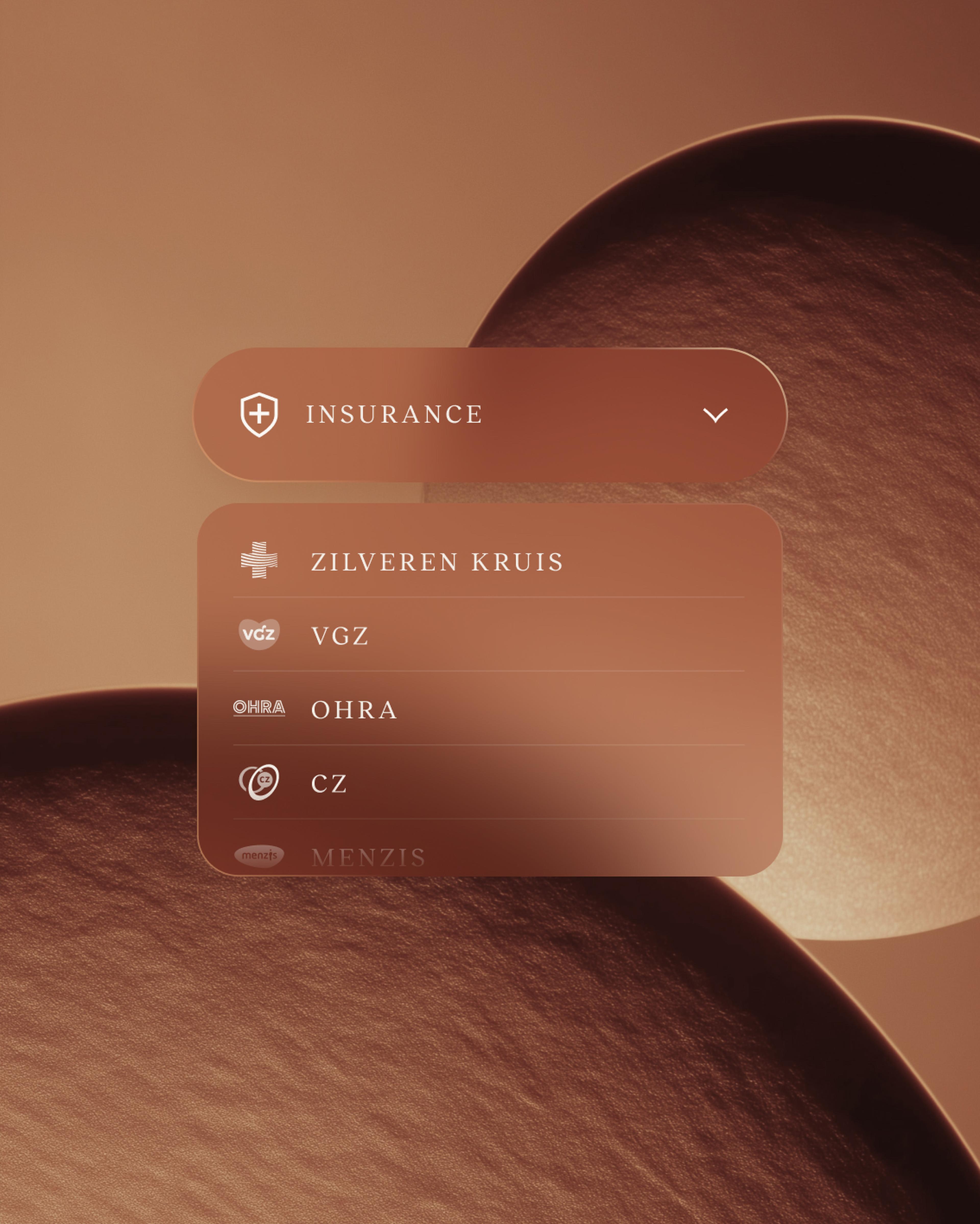Abstract brown background with dropdown menu displaying insurance options: Zilveren Kruis, VGZ, OHRA, CZ, and Menzis.