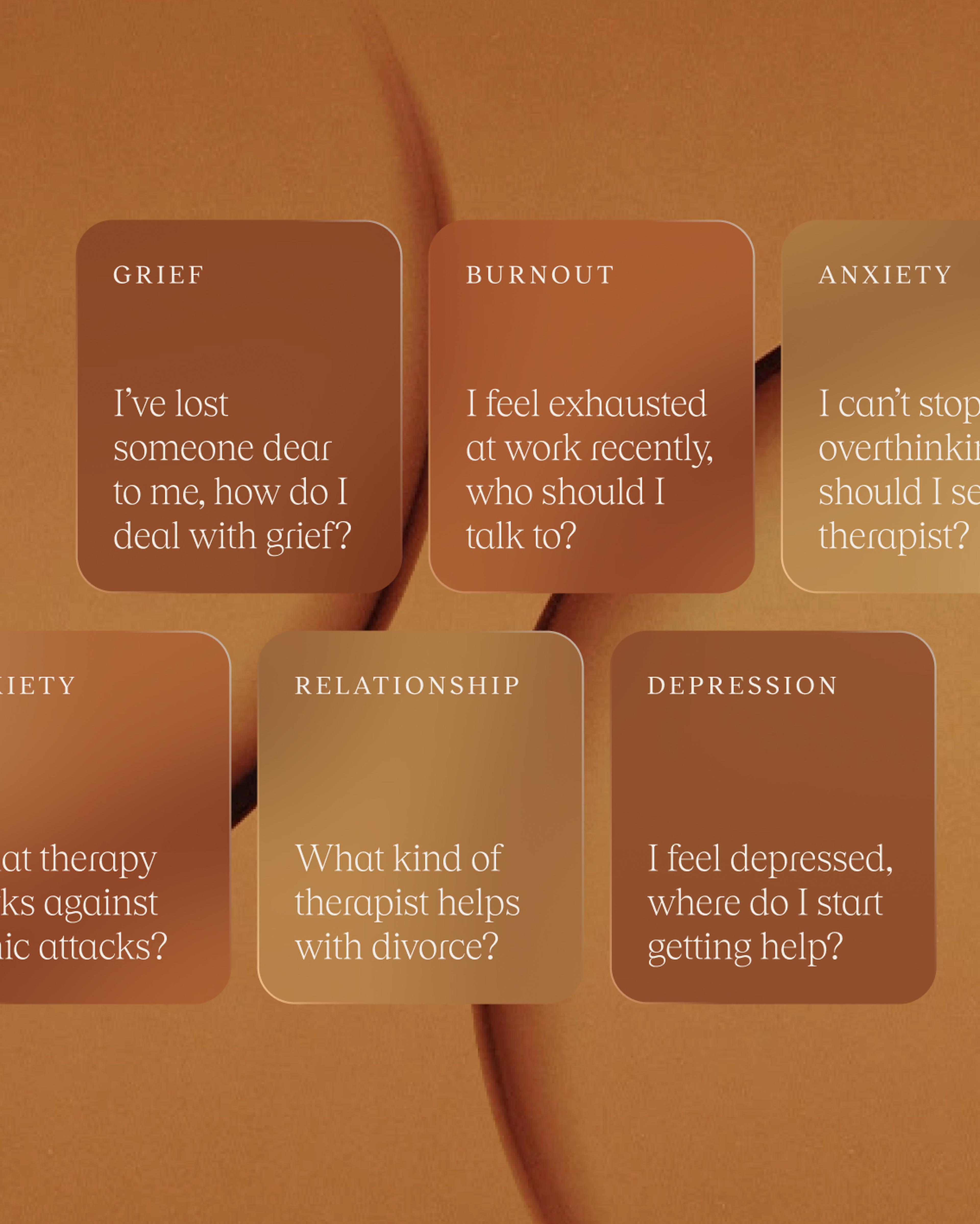 Text on brown cards with mental health topics: grief, burnout, anxiety, therapy, relationship, depression, each with related questions.