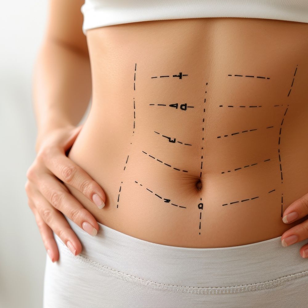 Abdomen de mujer con marcas para tratamiento corporal no invasivo en Clínica Dra. Zaror Las Condes, Vitacura, Santiago