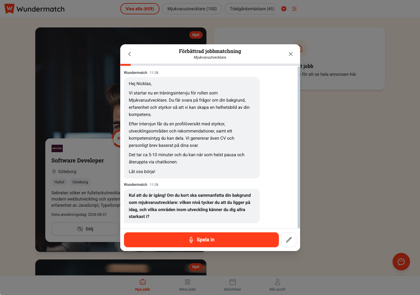 Wundermatch appen hjälper dig skapa CV & personligt brev interaktivt genom att gå igenom en övningsintervju
