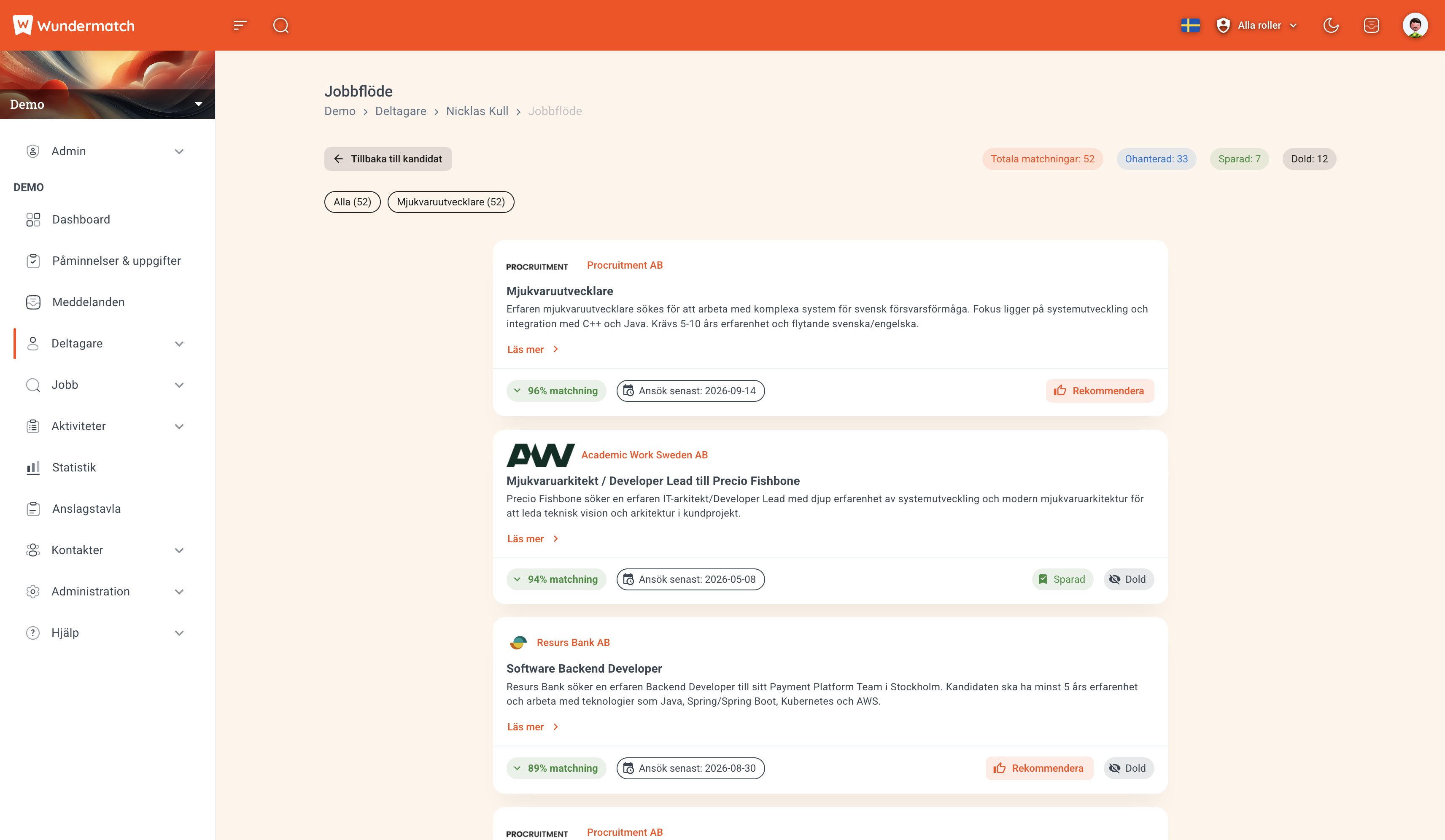 Jobbflöde i Wundermatch med matchade tjänster, matchningsprocent per annons och ansökningsstatus