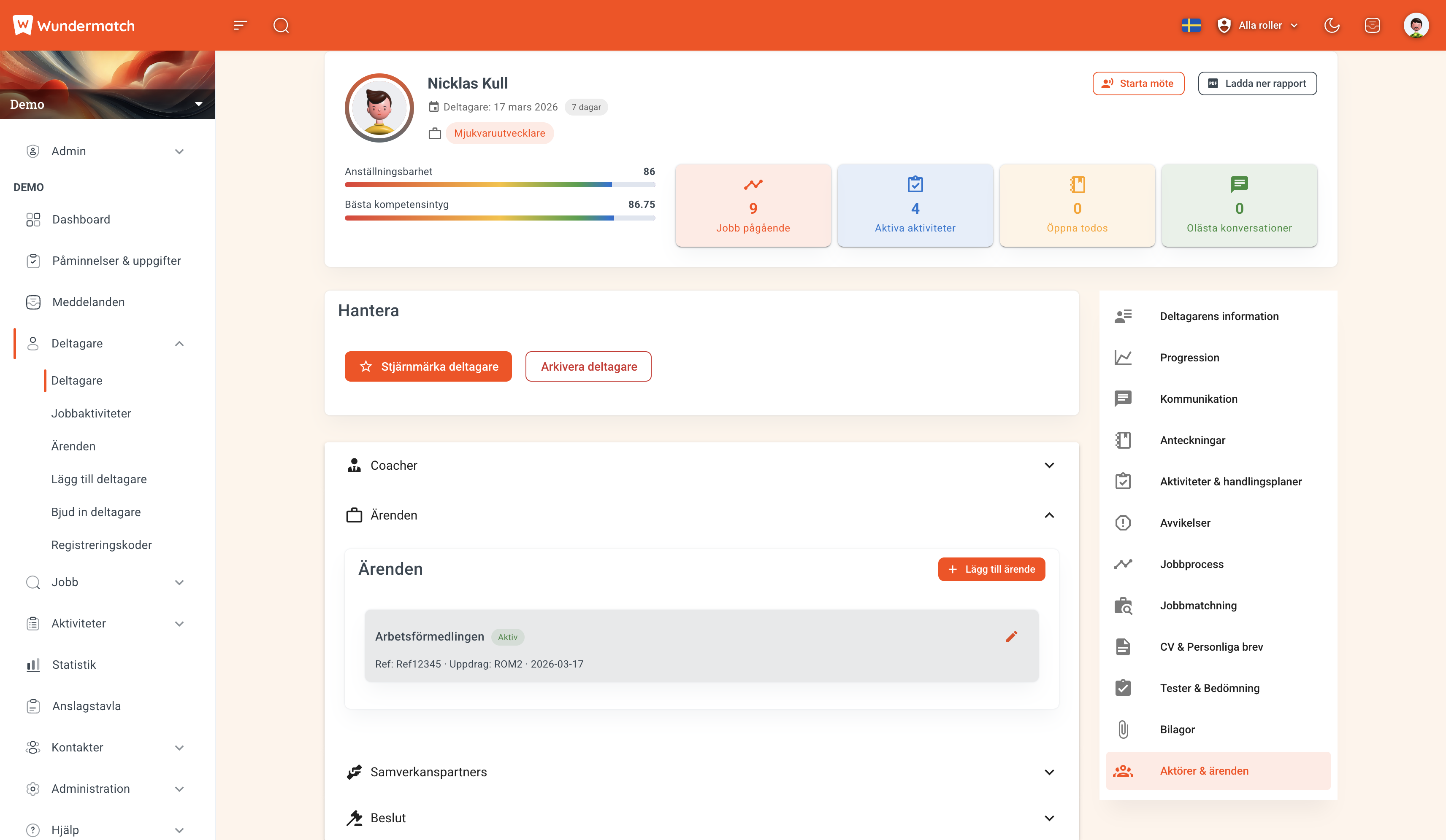 Deltagarvy med ärendehantering, coacher, samverkanspartners och beslut i Wundermatch