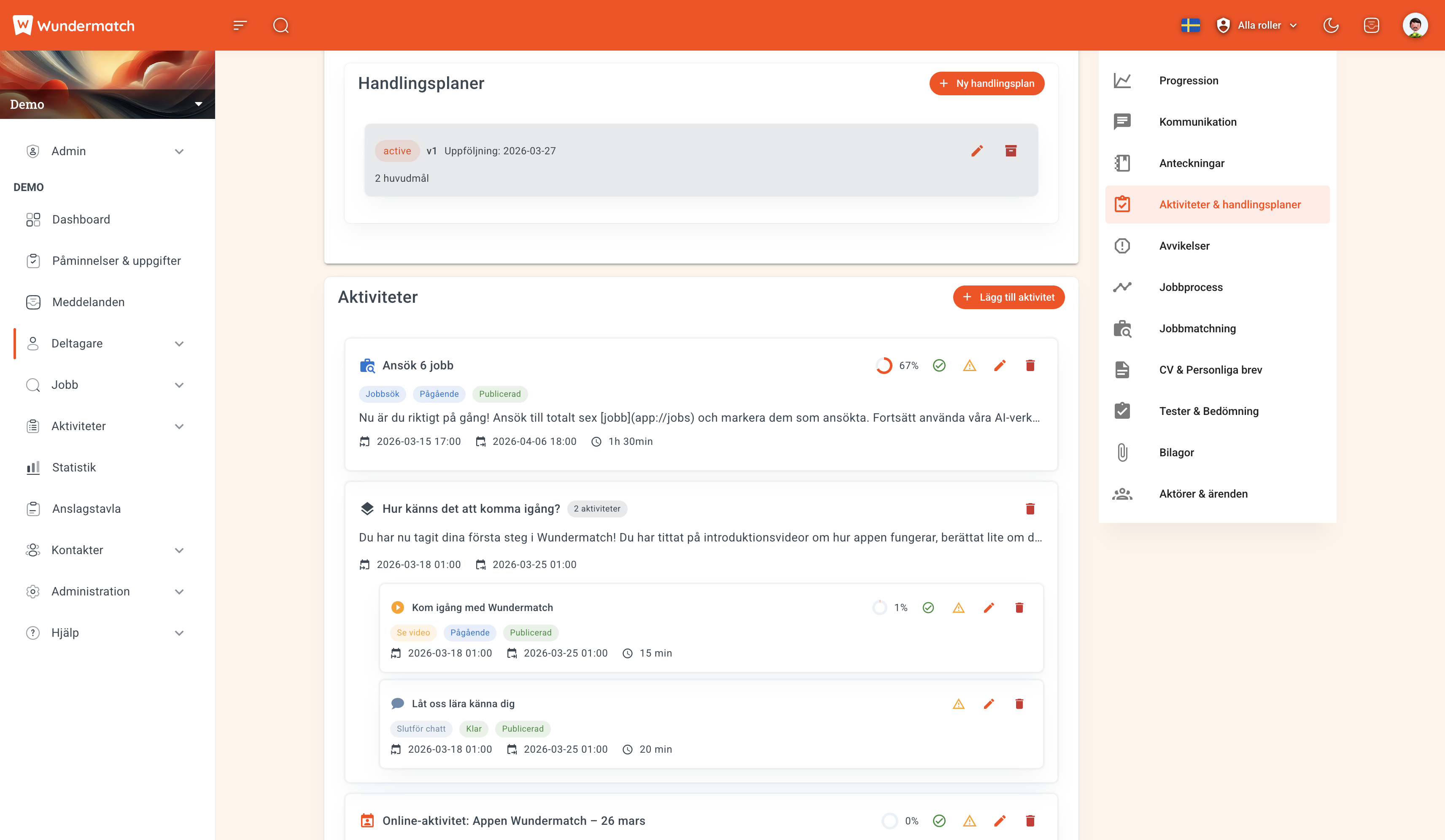 Handlingsplaner och aktivitetslogg med tidsstämplade insatser, statustaggar och navigering i Wundermatch