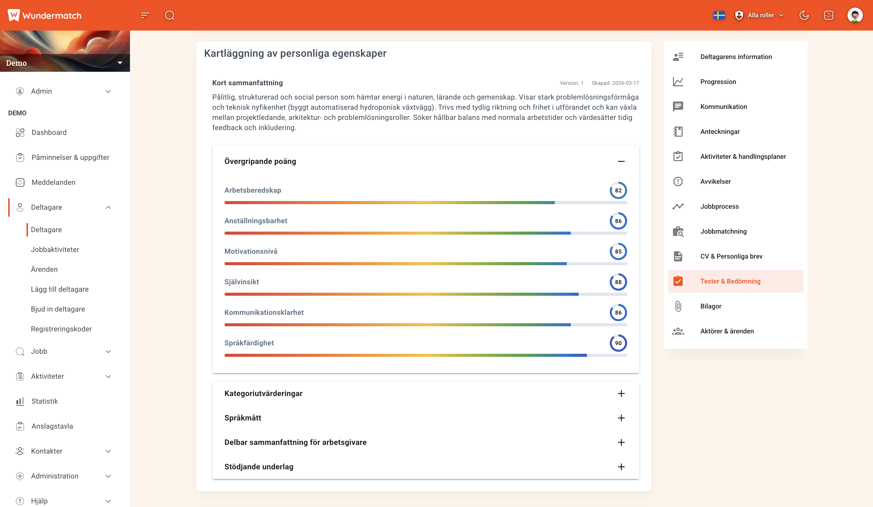 Kartläggning av personliga egenskaper med poängstaplar för arbetsledarskap, anställningsbarhet, motivation och kommunikation i Wundermatch