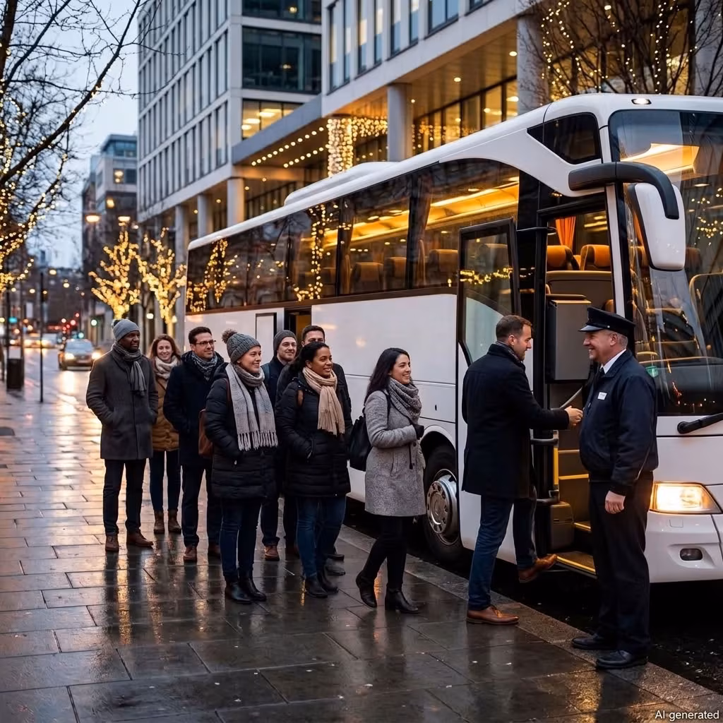 Mitarbeitende steigen am Abend in einen Reisebus zur Firmen-Weihnachtsfeier