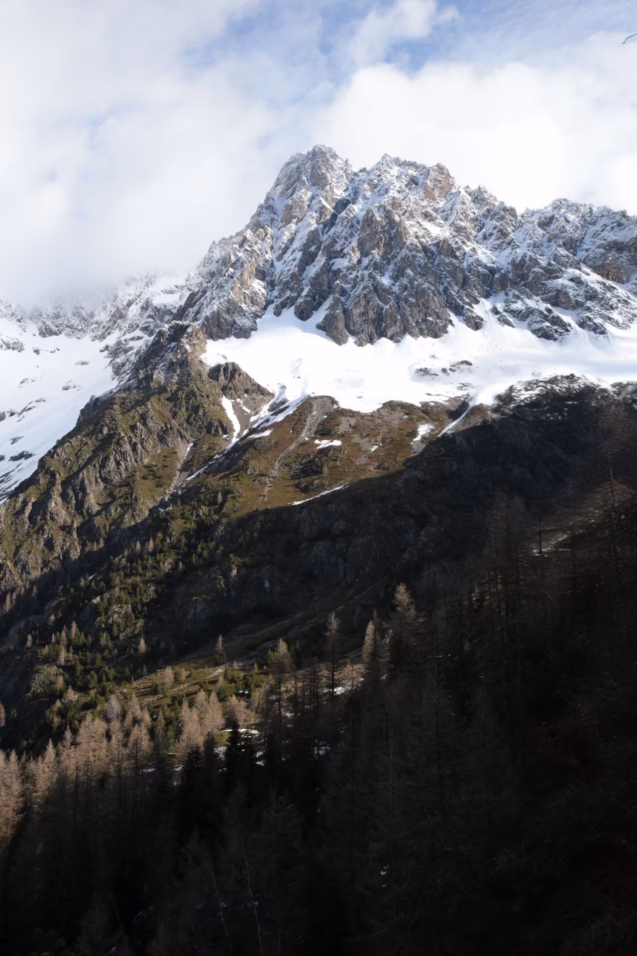 Schneebedeckter Felsgipfel unter Wolken, darunter ein Hang mit Lärchen und Nadelwald im Schatten.