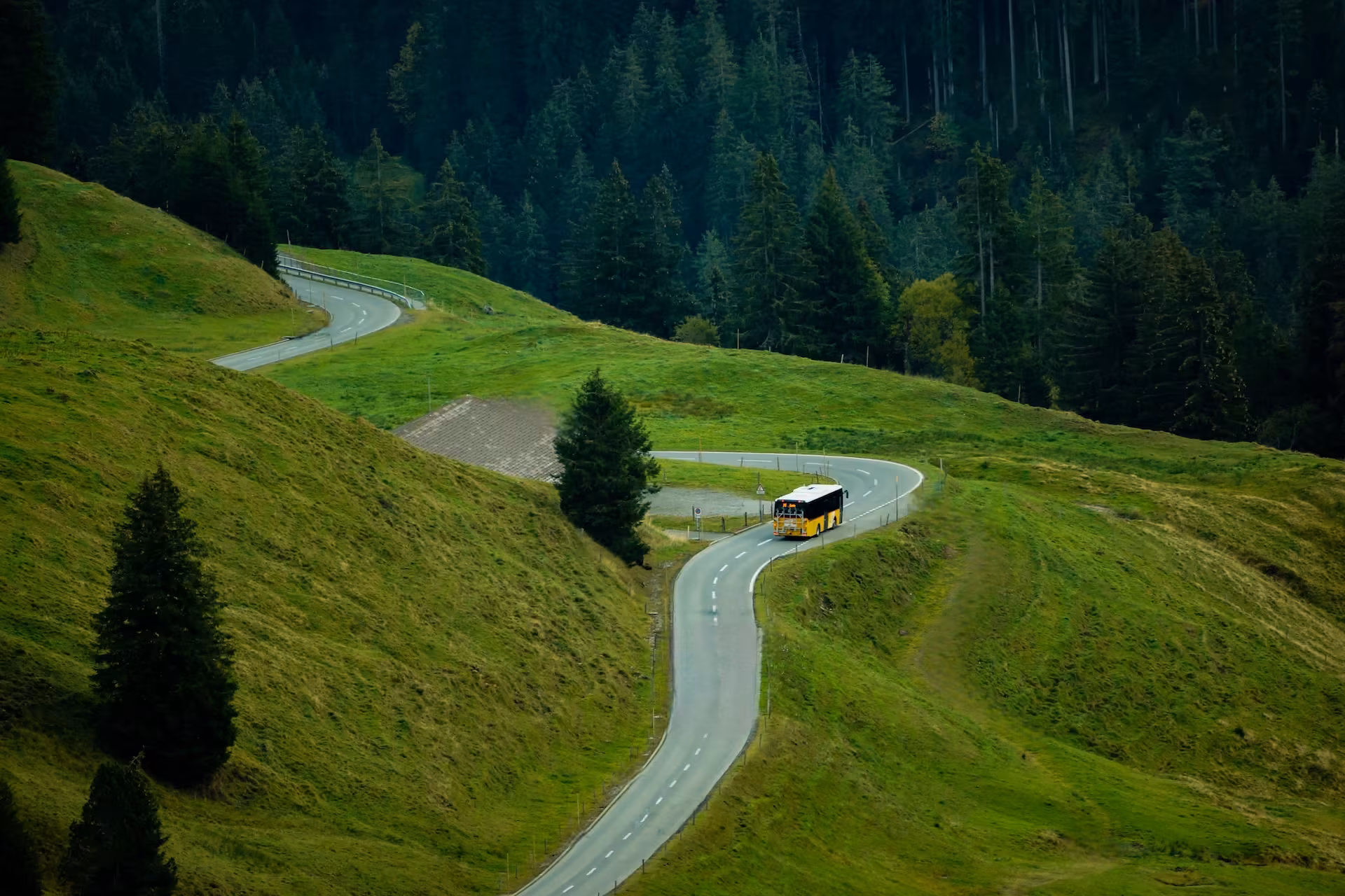 Serpentinenstraße durch grüne Almwiesen und Nadelwald in den Alpen, auf der ein gelber Linienbus fährt.