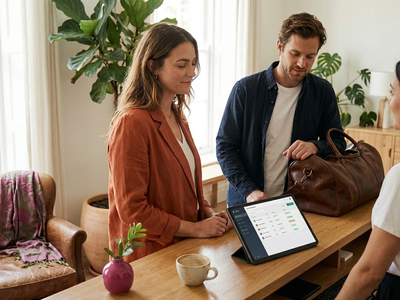 Two guests or travelers checking in to an independent hotel via software