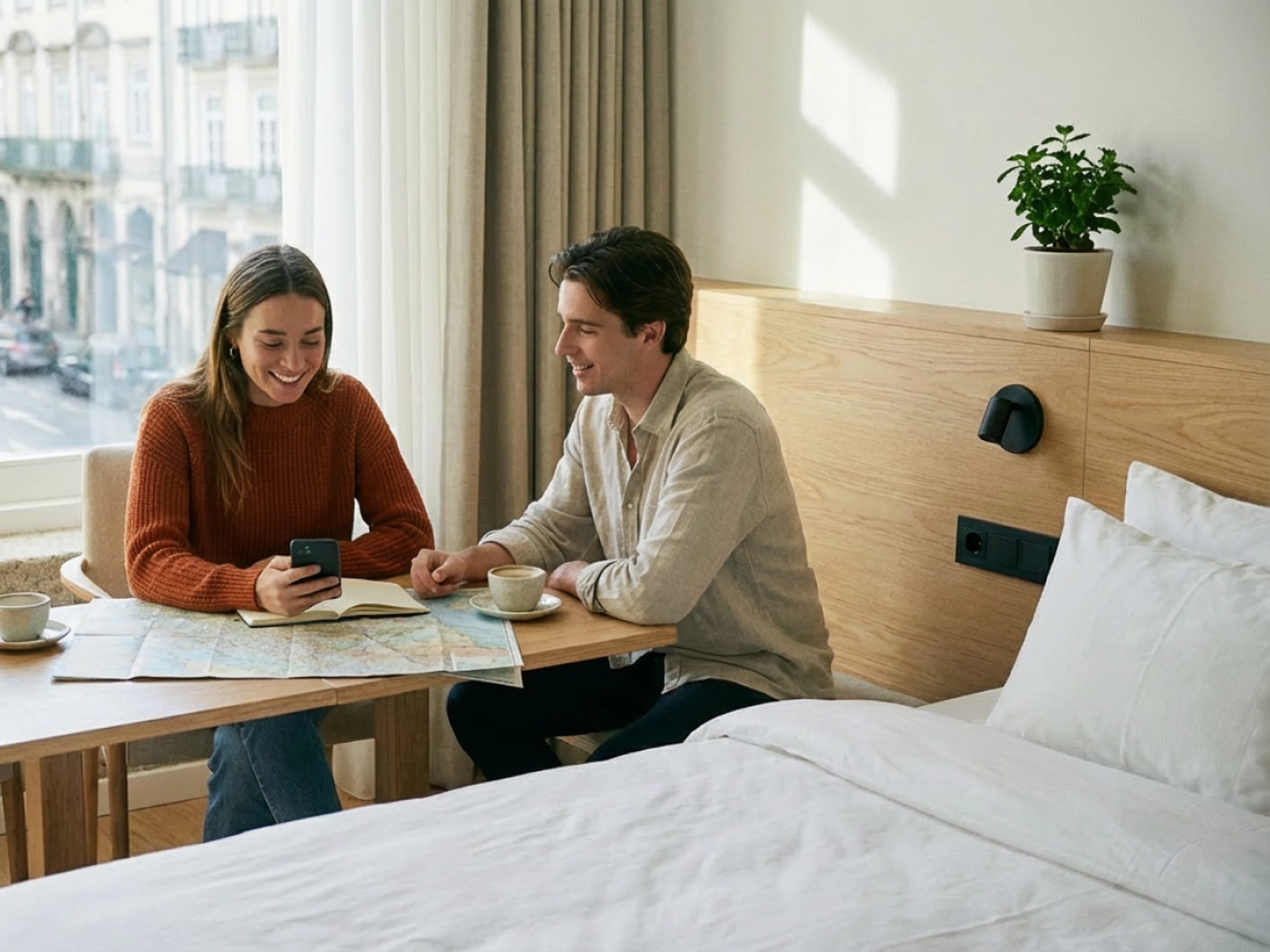 two young travelers planning their day in a hotel room