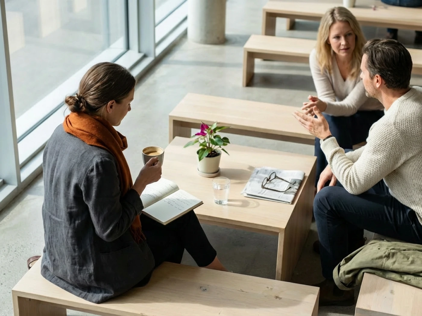 A group of three people discussing on benches