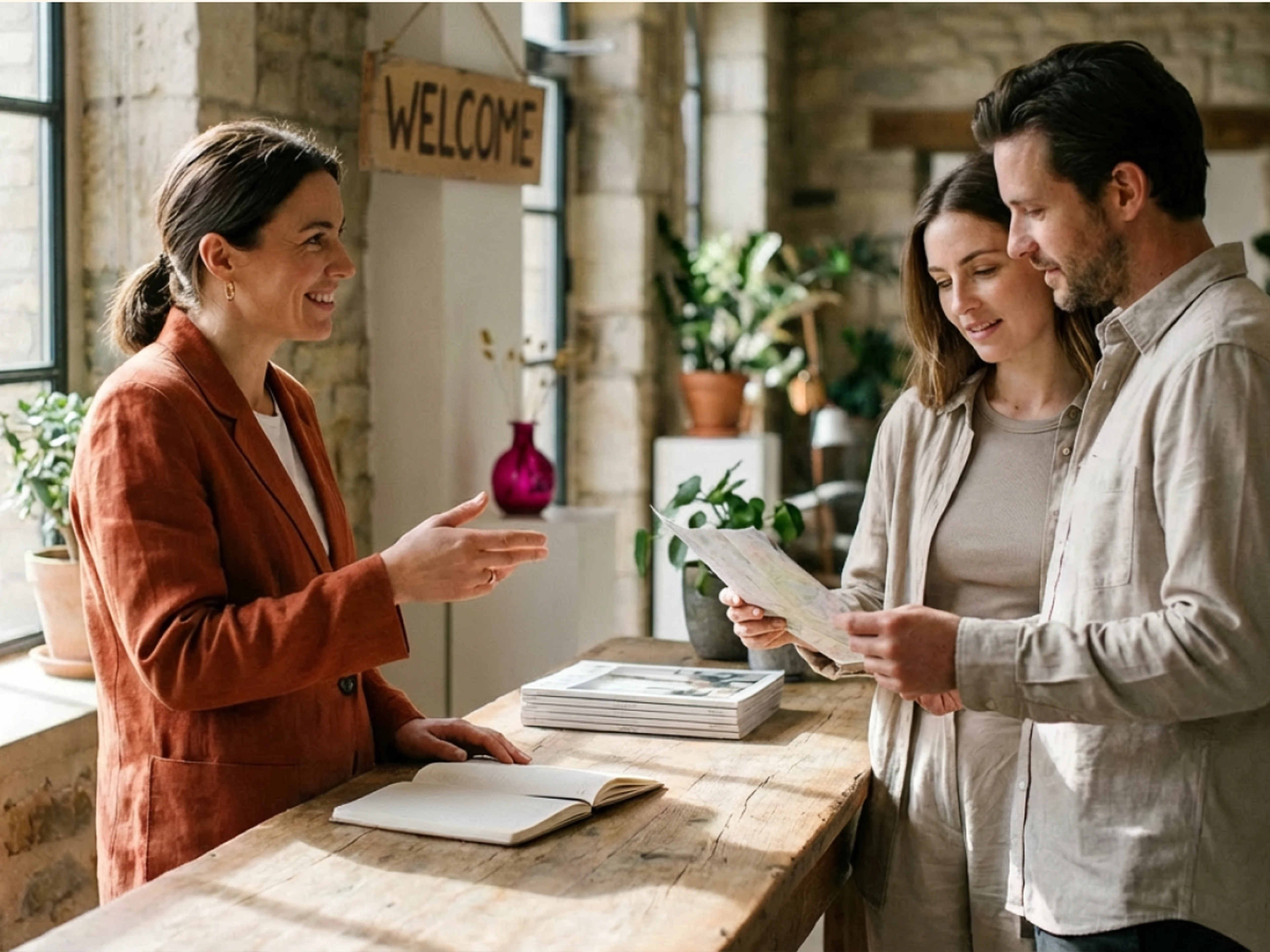 hotel owner interacting with two guests at the front desk