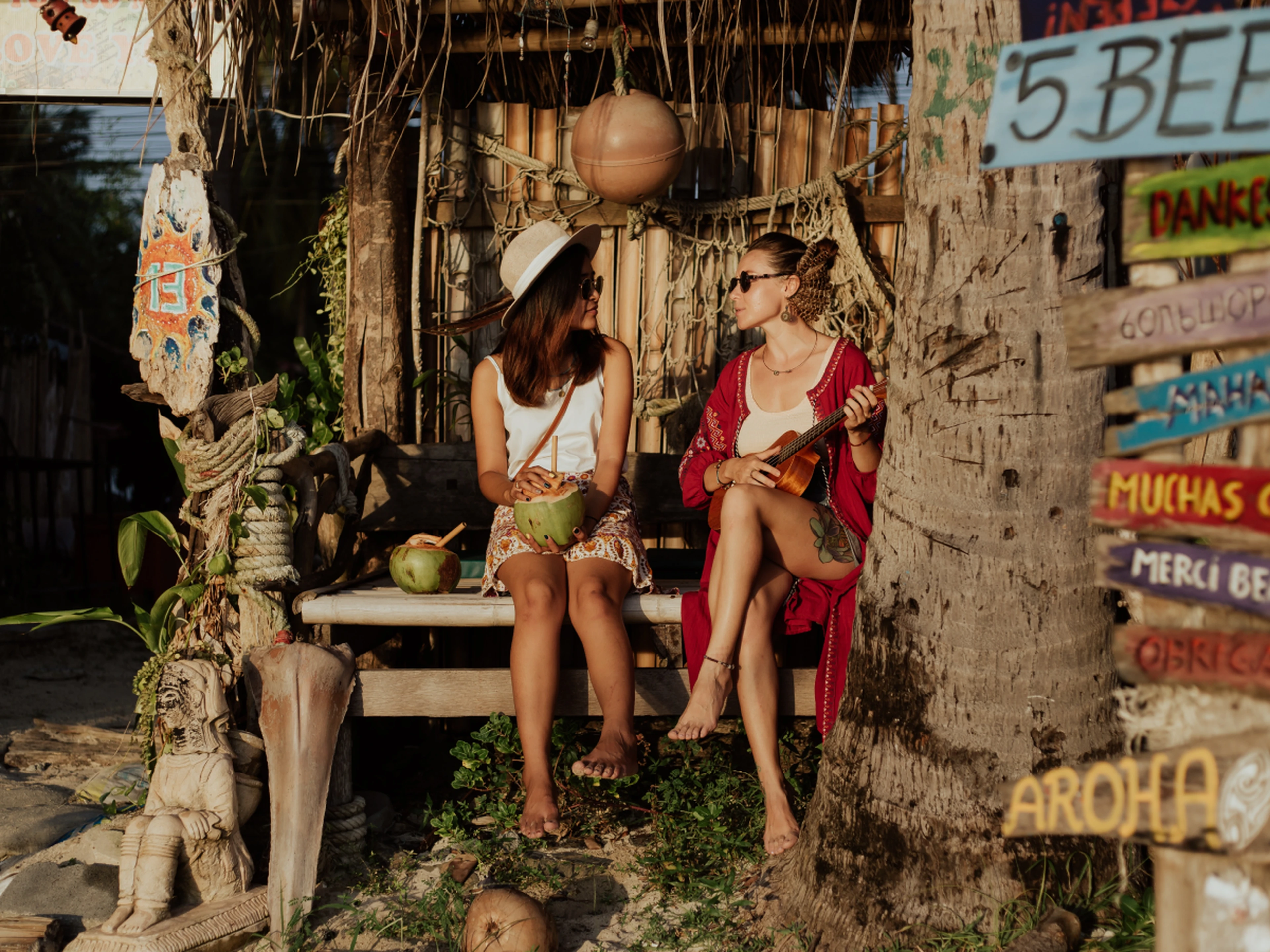Two women at a beach bar on vacation