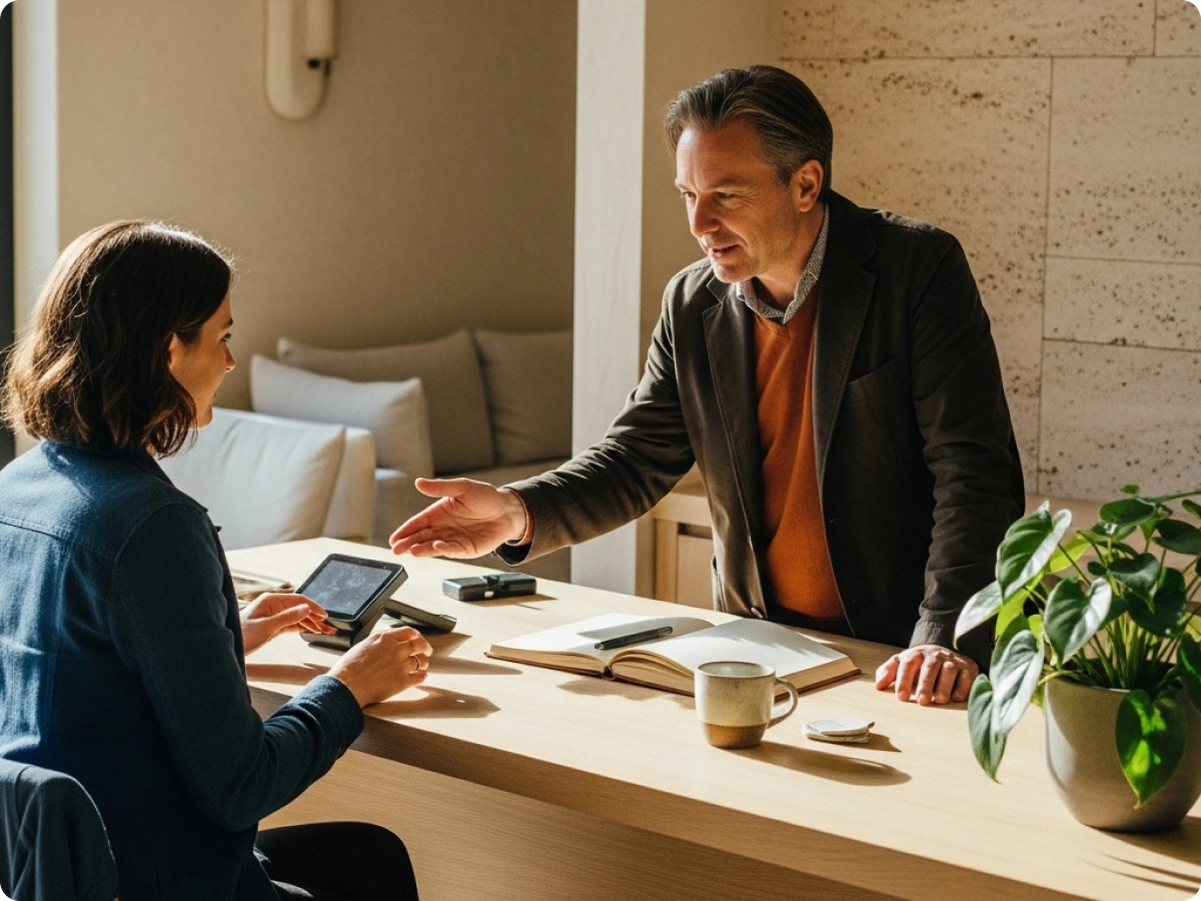 An independent hotelier helping a guest pay for their room at the hotel