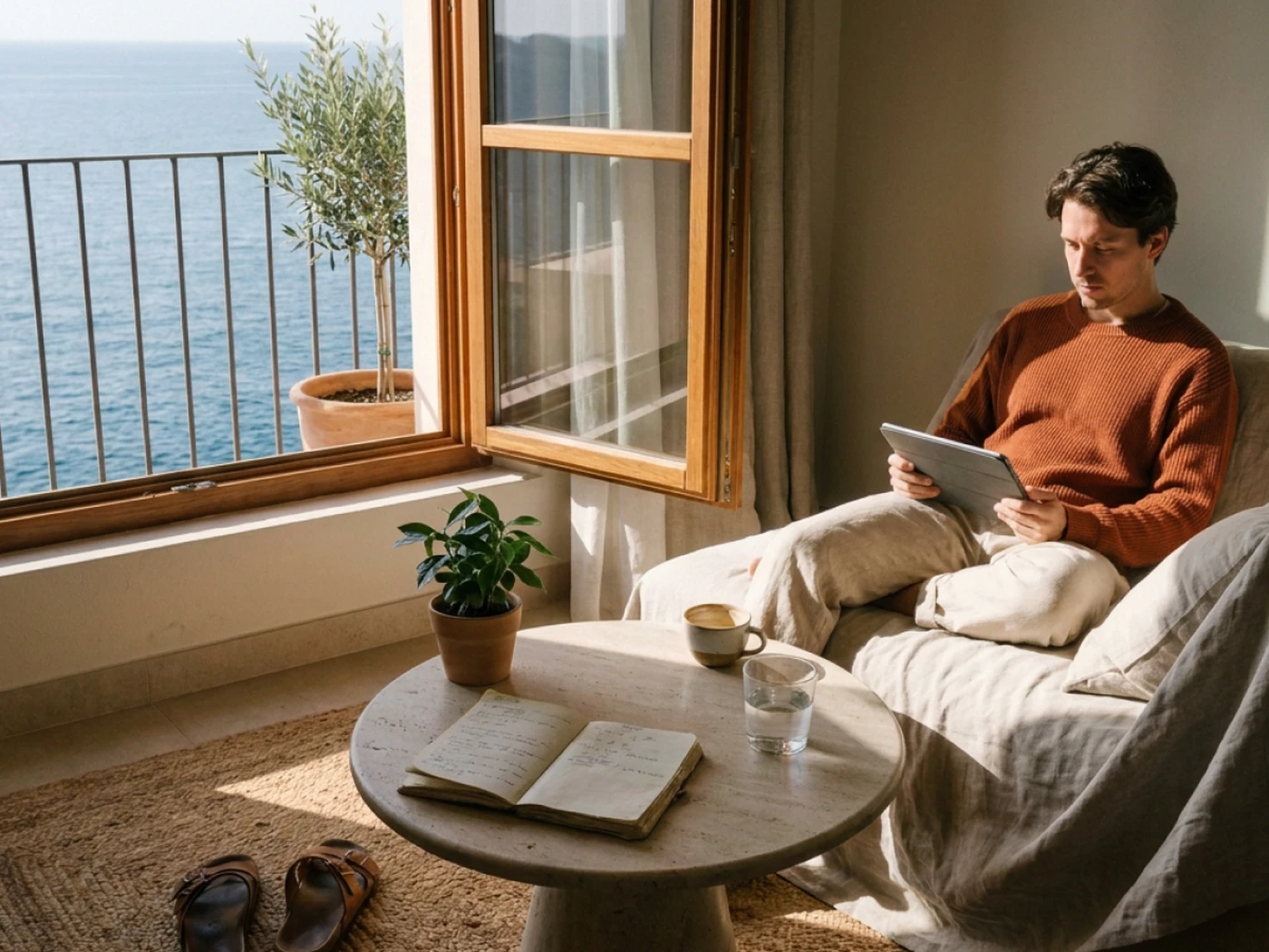hotelier looking at a tablet in a hotel room with sea view