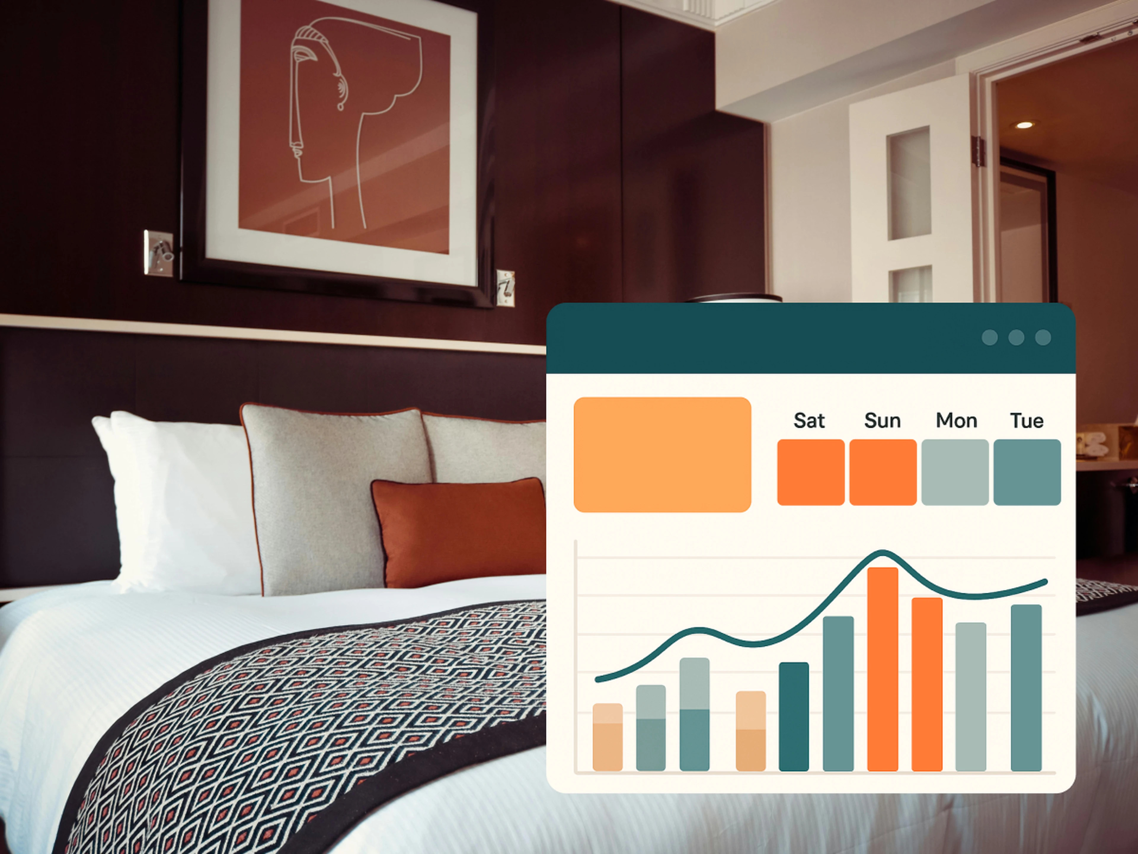 Photo of a hotel room overlaid with a visual of a dashboard displaying demand trends
