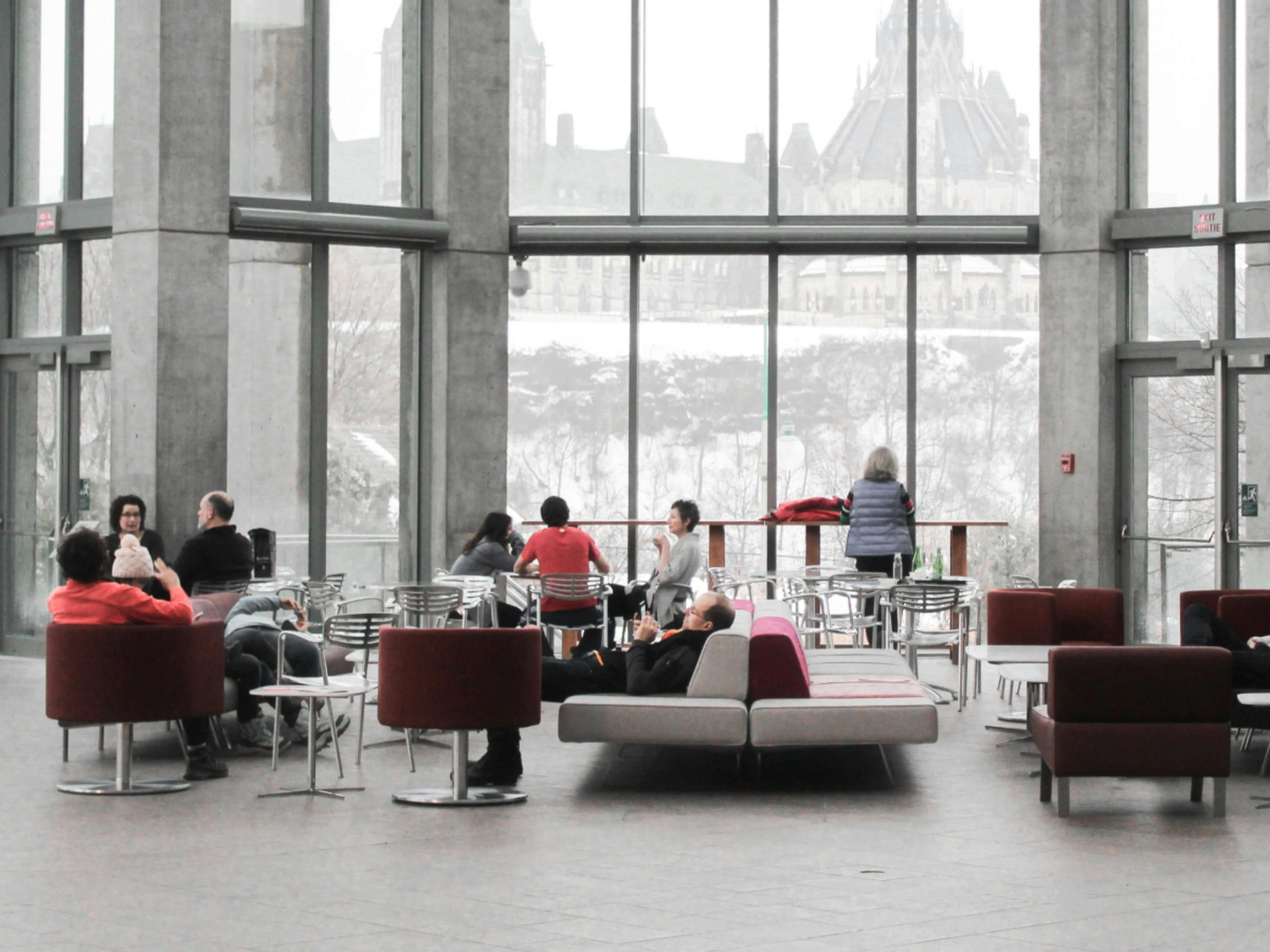 Hotel lobby with waiting guests