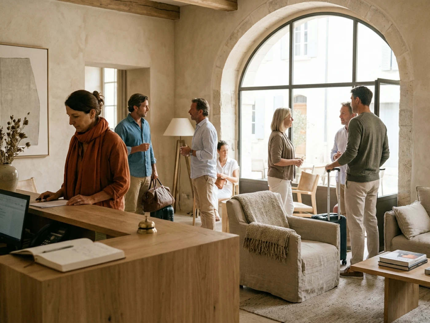 busy hotel entrance with guests waiting