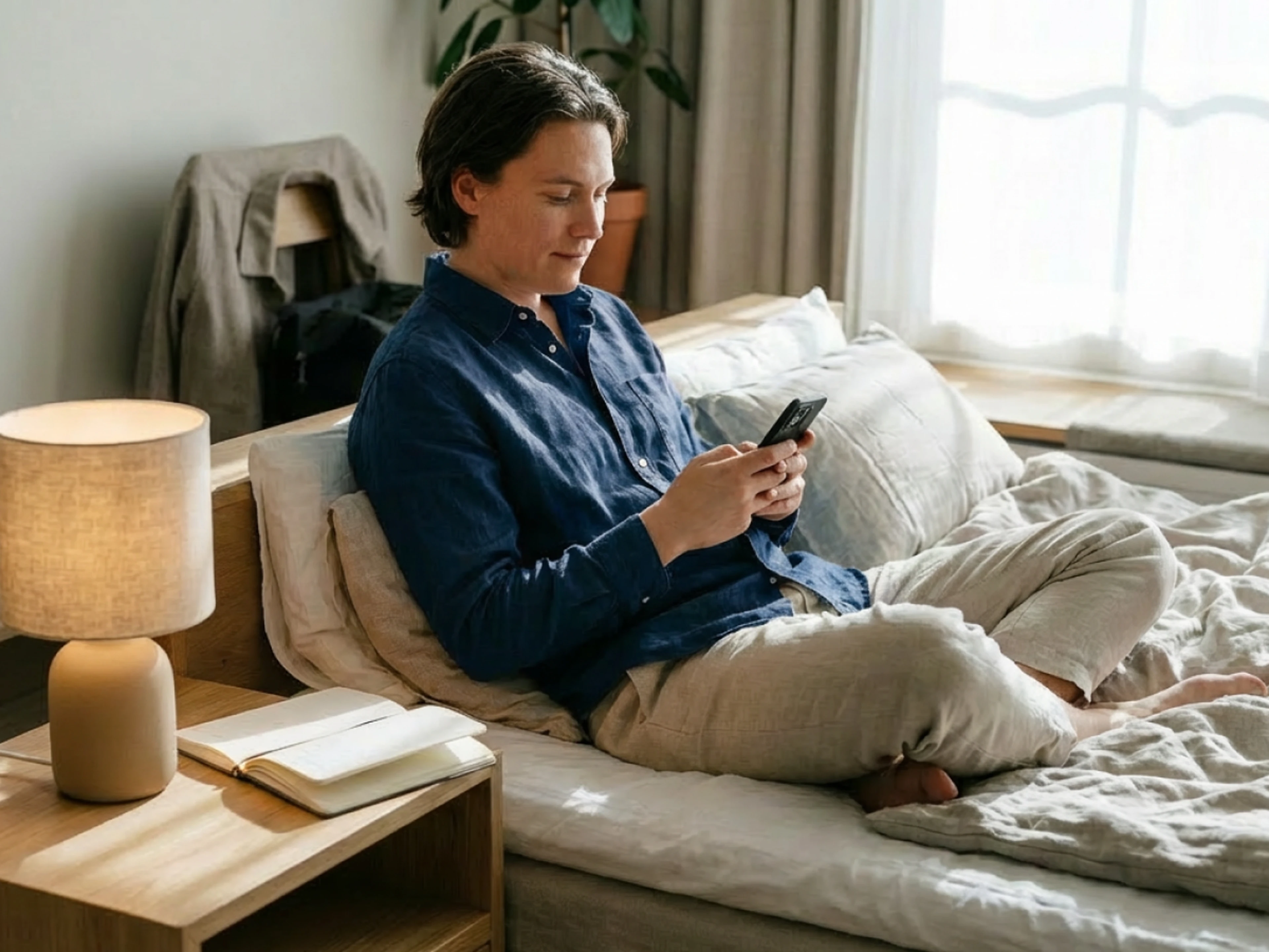 hotel guest using his smartphone while sitting on the bed
