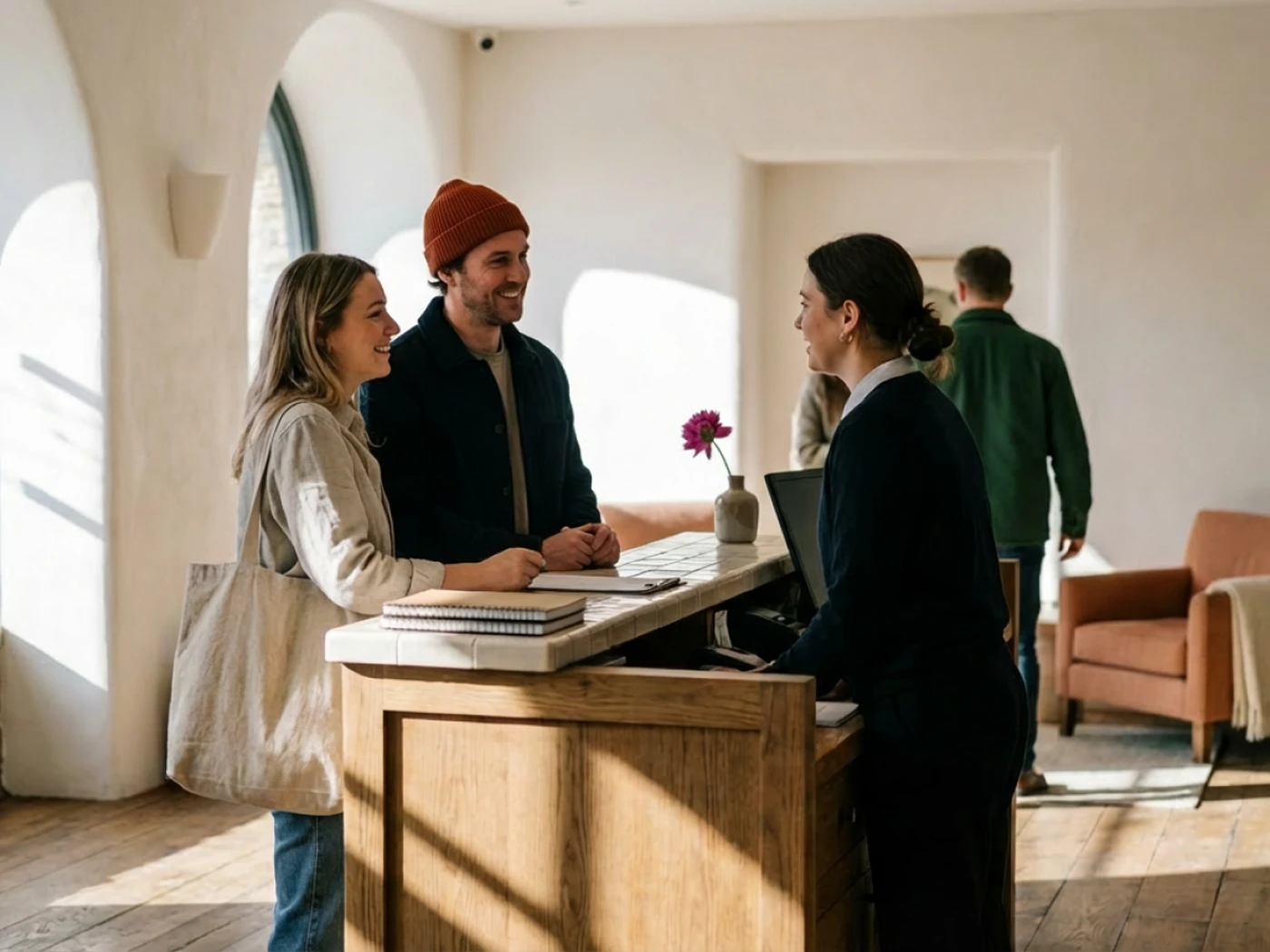 Two guests checking in to a hotel at the front desk