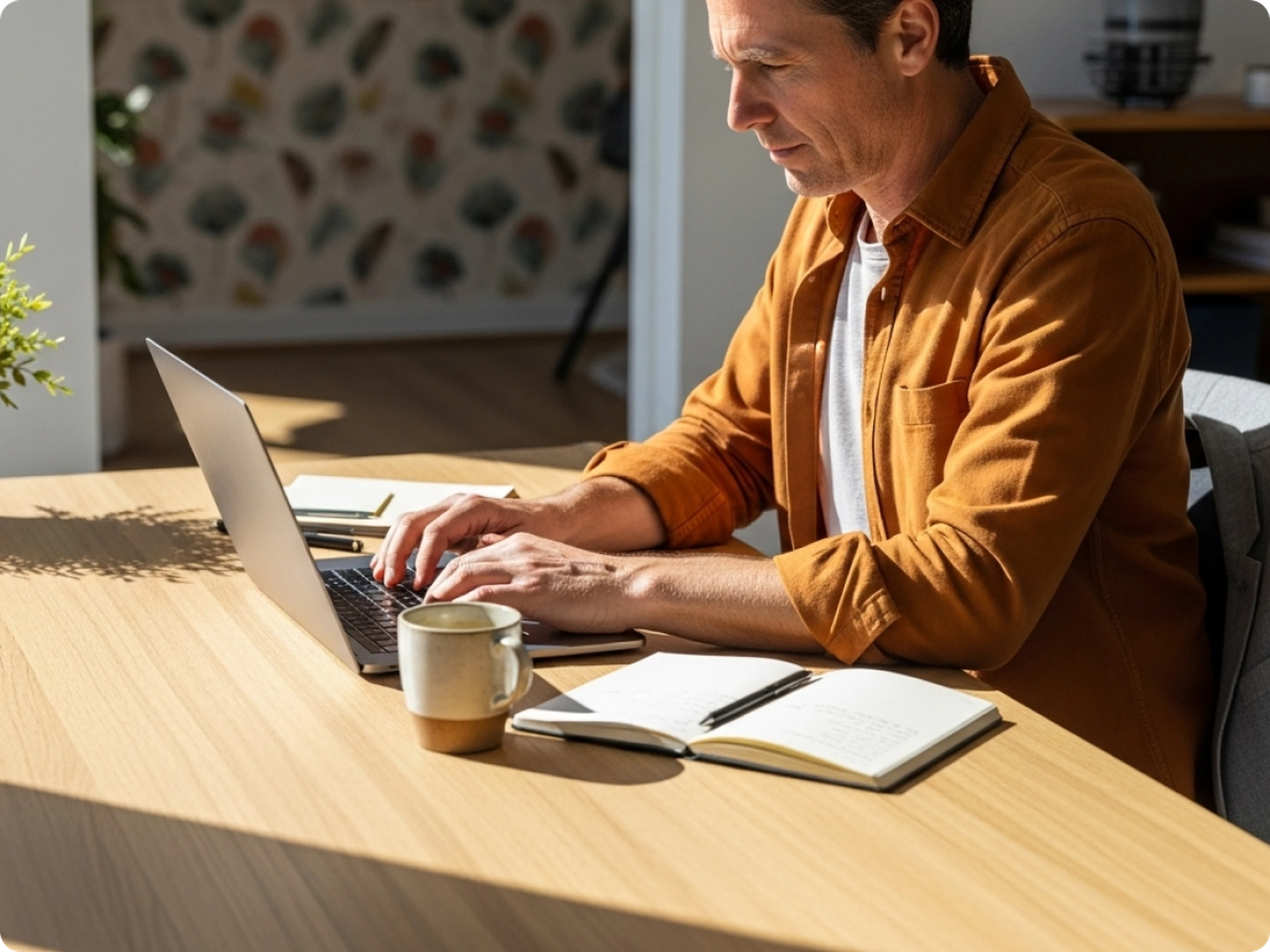 Man in a brown shirt working on a laptop at a wooden desk with a notebook and a mug, in a sunlit room.