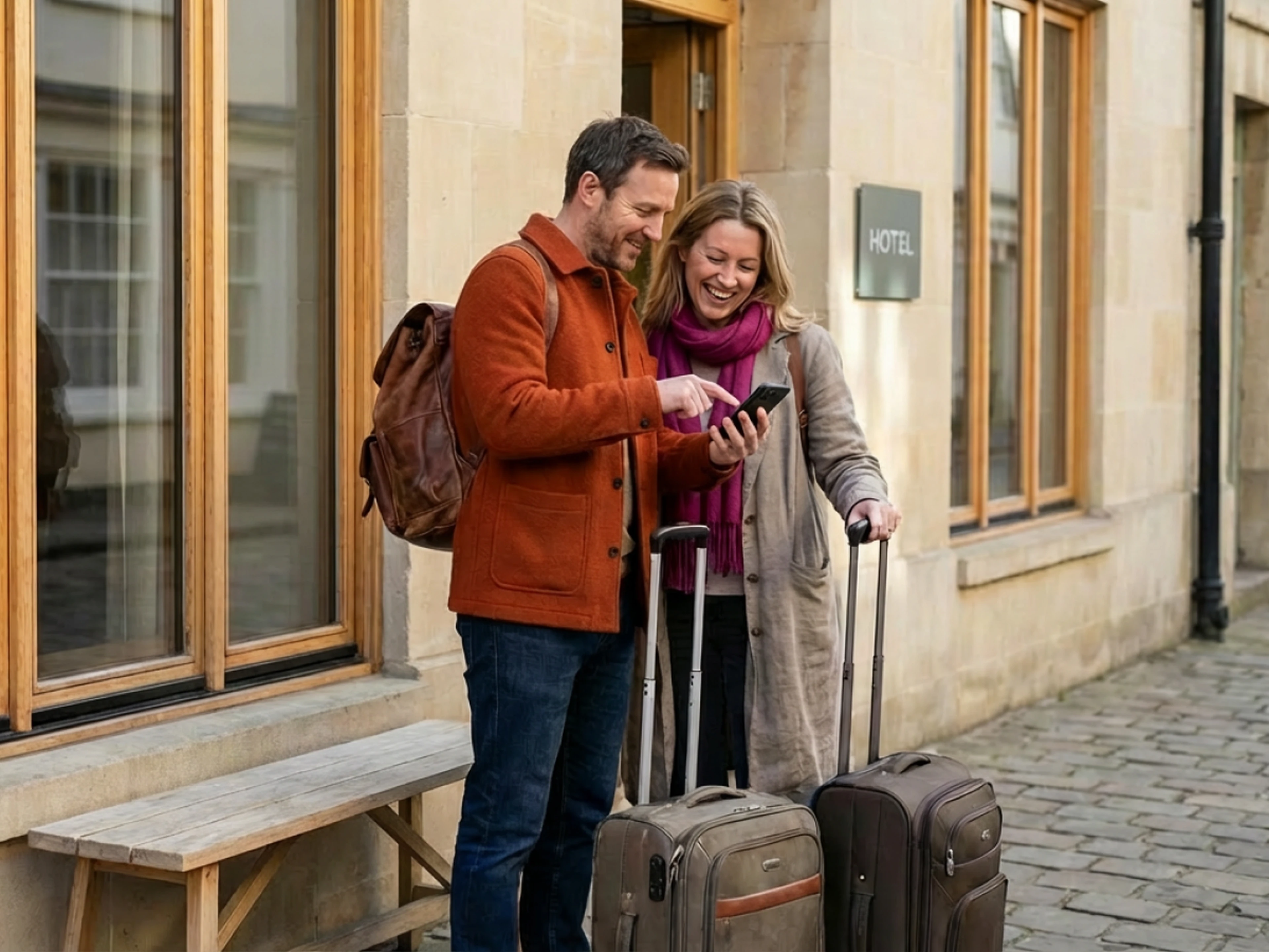 two travelers standing outside a hotel smiling at an email on their smartphone