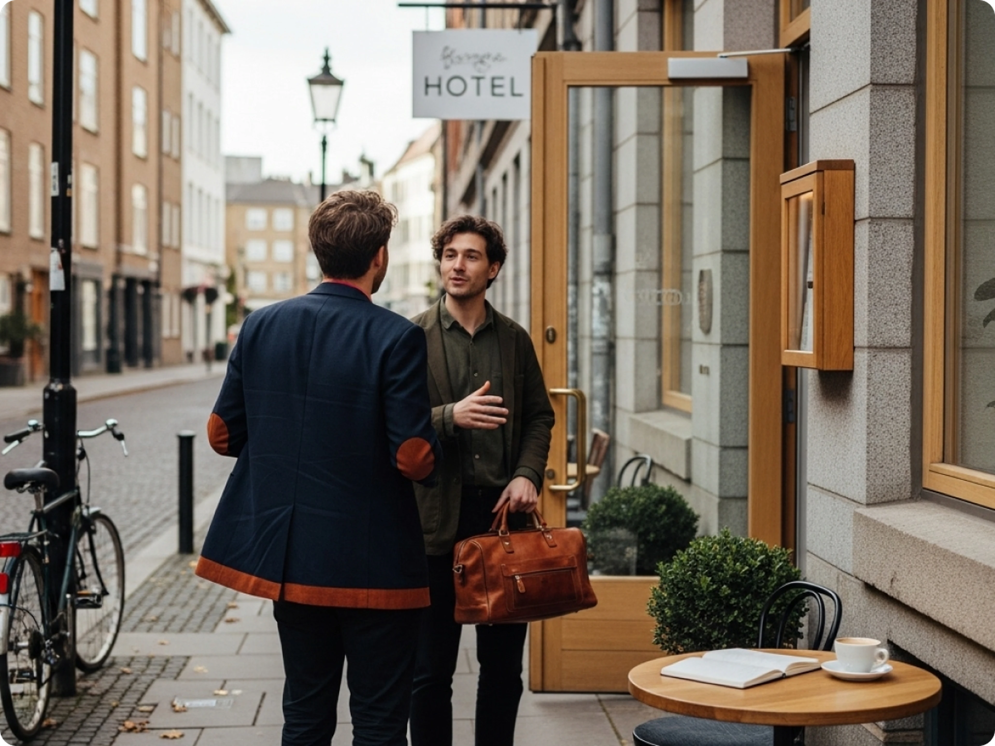 Two men talking outside a hotel entrance on a cobblestone street. One holds a brown bag. A bicycle and a café table with a cup are nearby.