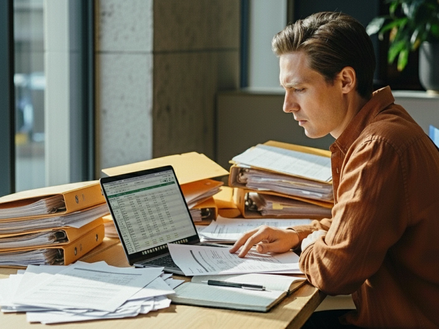 Hotelier confused by numbers in an Excel sheet, surrounded by stacks of files and papers