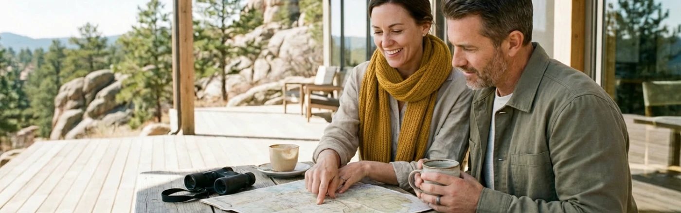 travelers in the USA planning their hike at a hotel surrounded by nature
