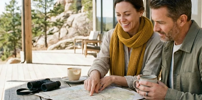 travelers in the USA planning their hike at a hotel surrounded by nature
