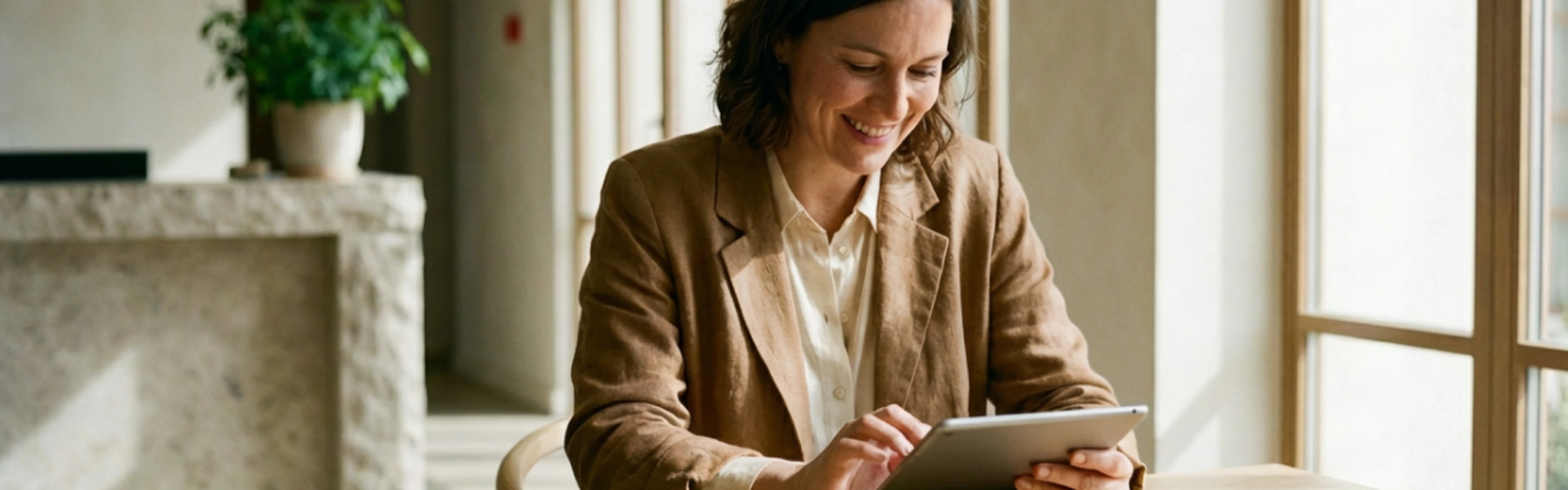 Smiling hotelier in hotel reception area using a tablet