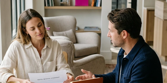 Two hoteliers discussing their digital marketing strategy for their hotel