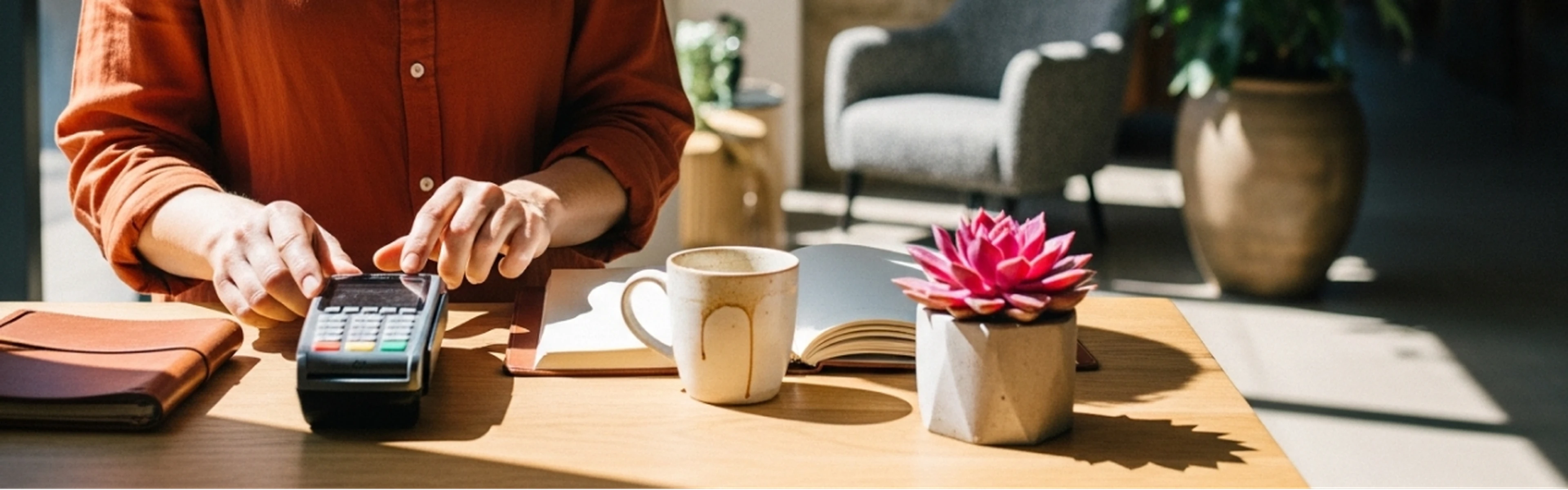 An independent hotelier processing payments at their hotel