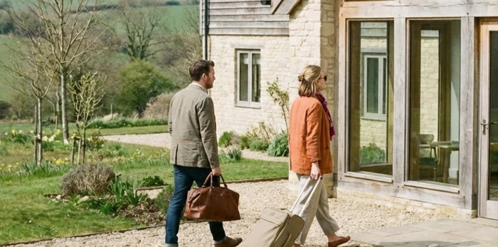 two travelers approaching a boutique hotel in the countryside