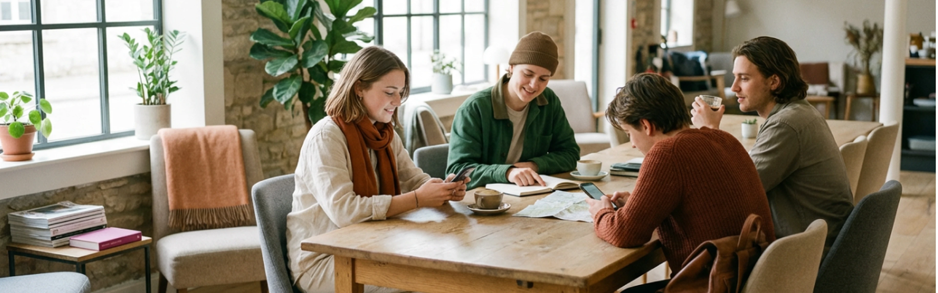 group of young travelers planning their day sitting at a table in a hotel lobby