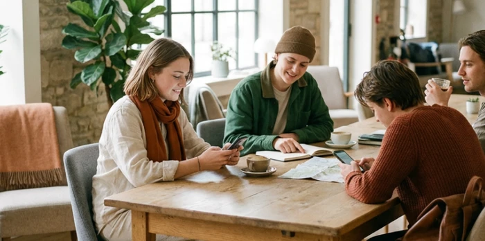 group of young travelers planning their day sitting at a table in a hotel lobby