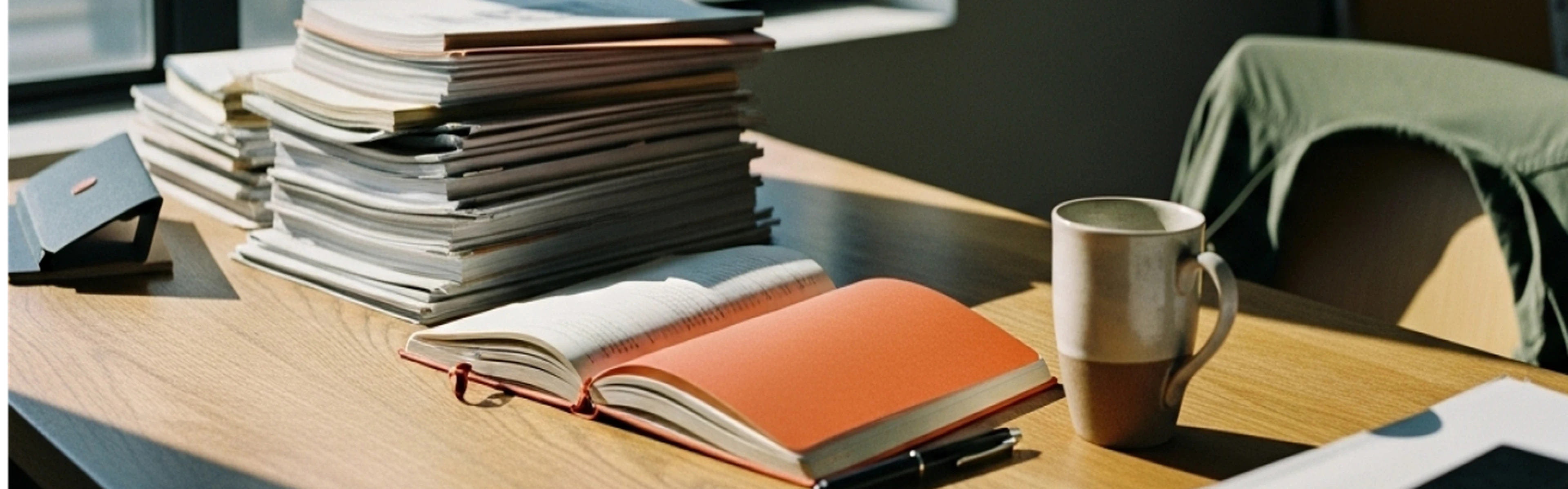 A sunlit desk with a stack of papers, an open notebook, a pen, and a mug.