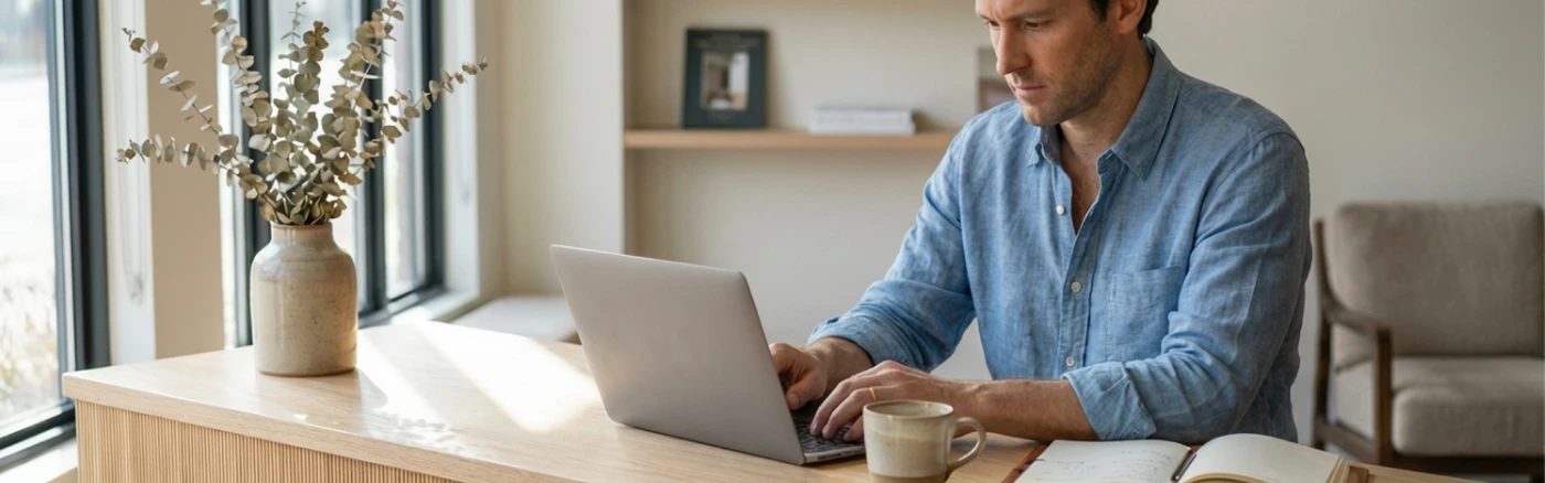 Independent hotelier checking room prices on his spreadsheets manually