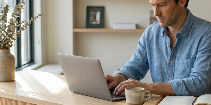 Independent hotelier checking room prices on his spreadsheets manually