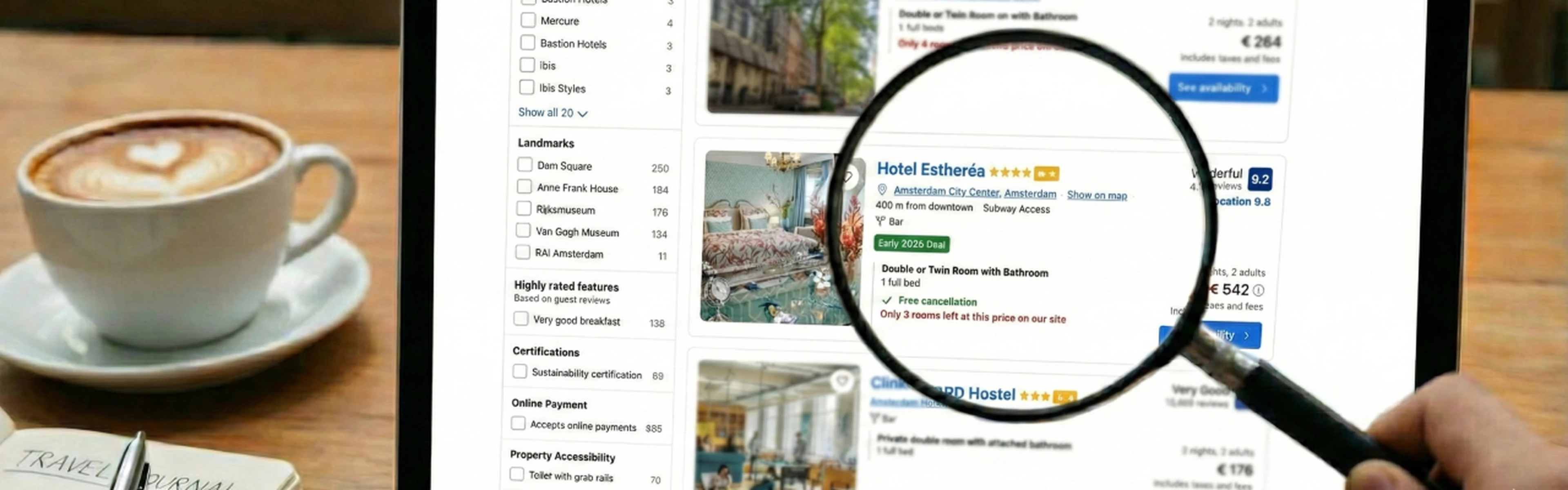 magnifying glass and a laptop screen showing hotels in OTA search results