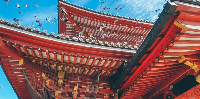 close-up of a Japanese pagoda building against a blue sky