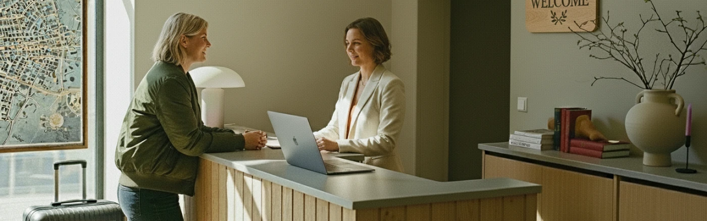 A woman checks in at a hotel reception desk, talking to the receptionist