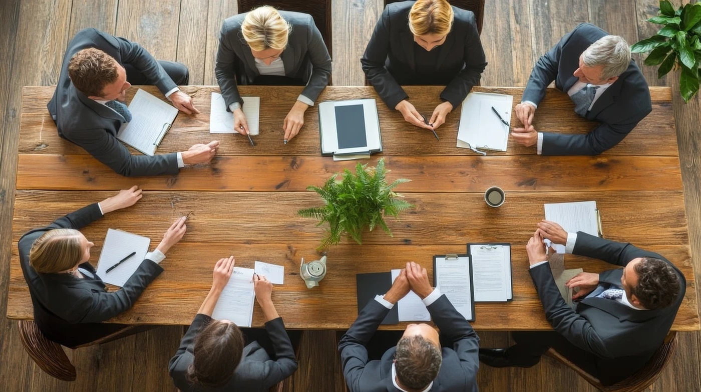 Top view of eight business professionals in a meeting around a wooden table with documents, notebooks, and a plant in the center.