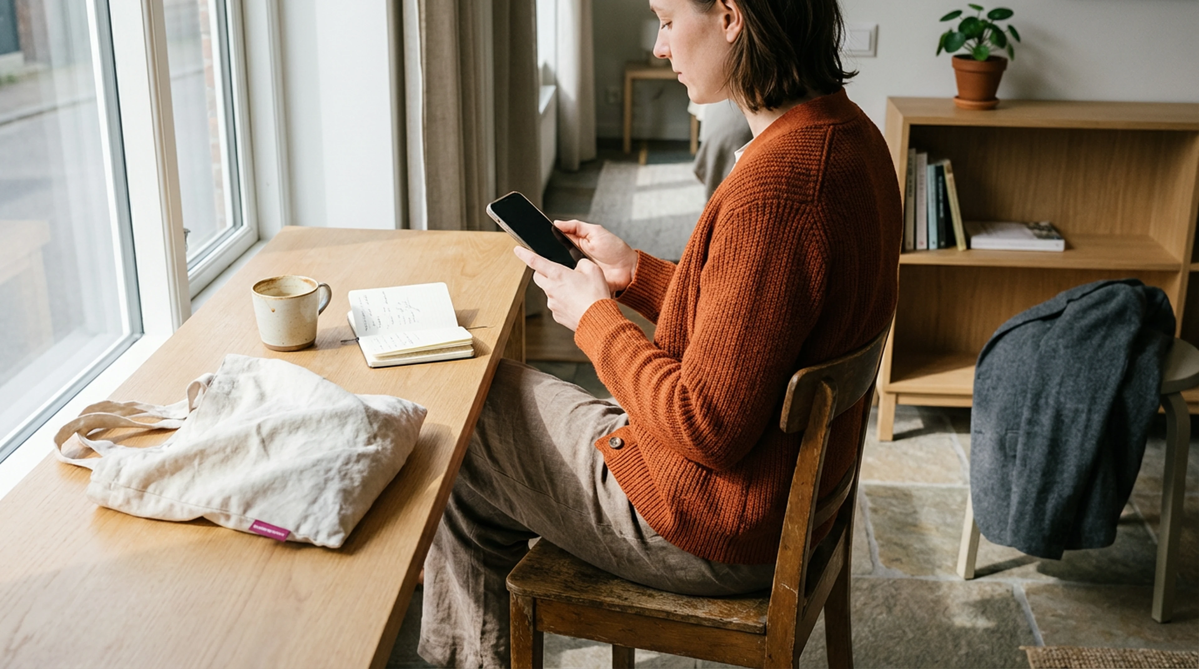 A person uses their smartphone to book a short-term rental in a calm, well-lit setting. The scene captures a relaxed moment of travel planning without showing on-screen text.