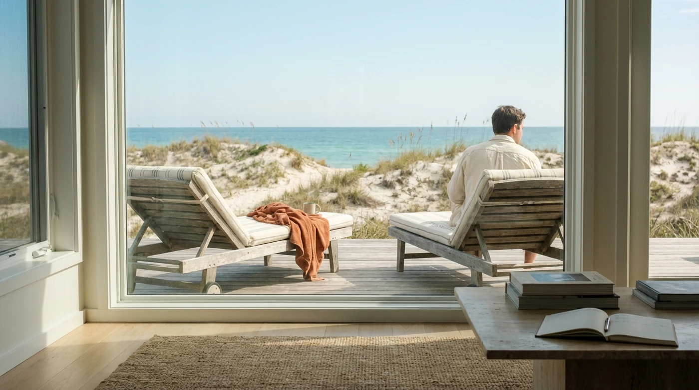 Beachfront cabin with two lounge chairs on a wooden deck, overlooking sandy dunes and a calm ocean under a clear sky.