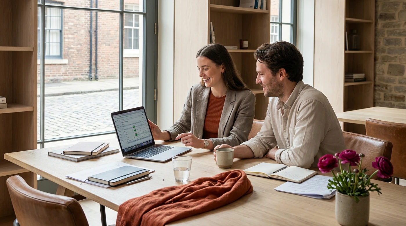 Two commercial strategists compare performance notes in an informal meeting