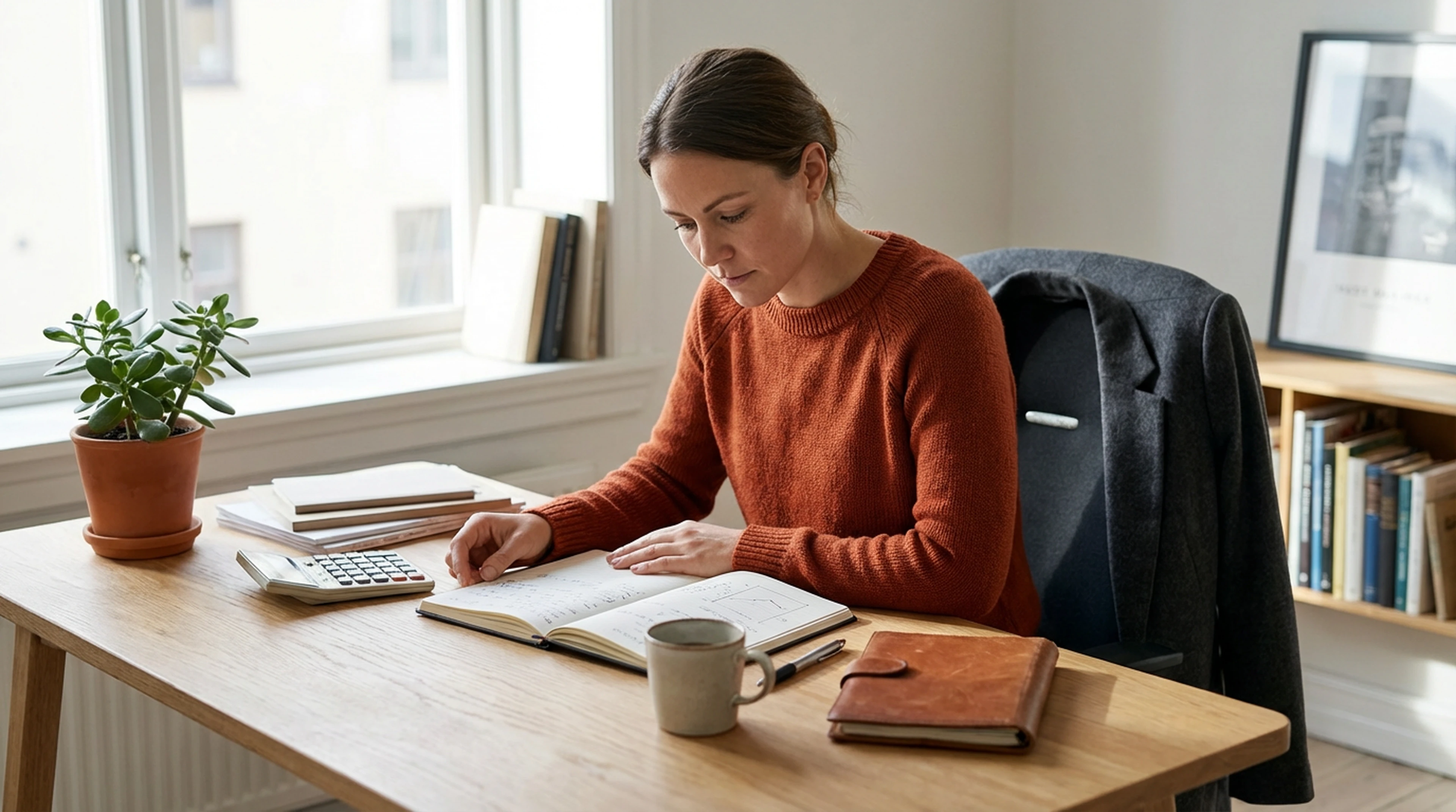 A focused short-term rental property manager working at a modern desk, viewed from the front with no screen content visible. The scene conveys a calm, professional workspace with natural light and subtle details suggesting revenue management tasks.
